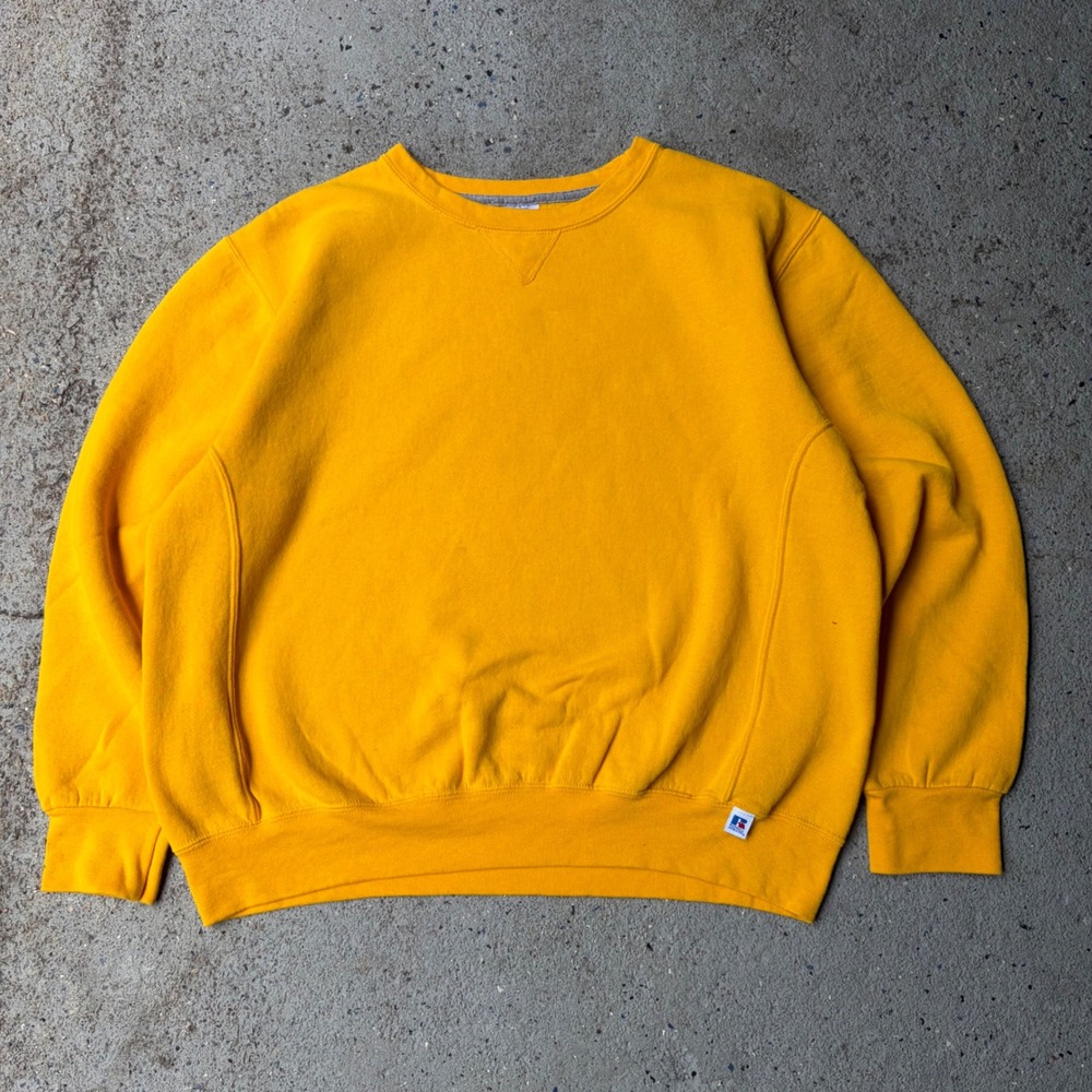 Russell Athletic Mens Gold Crewneck Sweatshirt Large V-Stitch Ribbed Side Panels